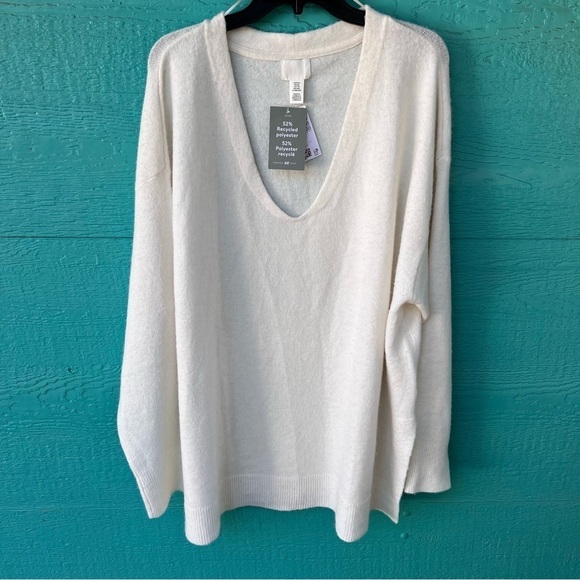 H&M SOFT WOOL BLEND FUZZY SWEATER V-NECK WHITE IVORY TUNIC SIZE XXL NWT - Picture 10 of 11